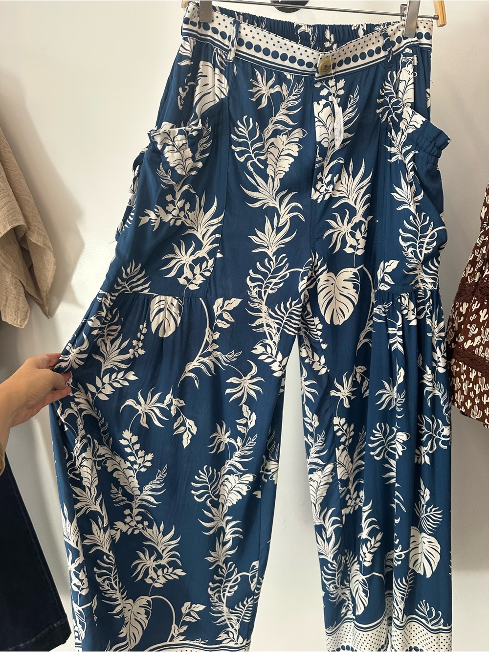 Angie Navy Wide-Leg Floral Jumpsuit Pants with White Botanical Print